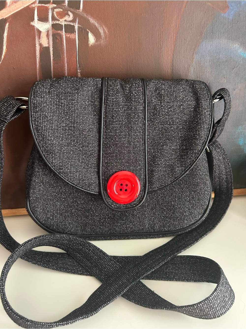 Jak’s Black Textured Crossbody Bag Red Button Retro Y2K Shoulder Purse